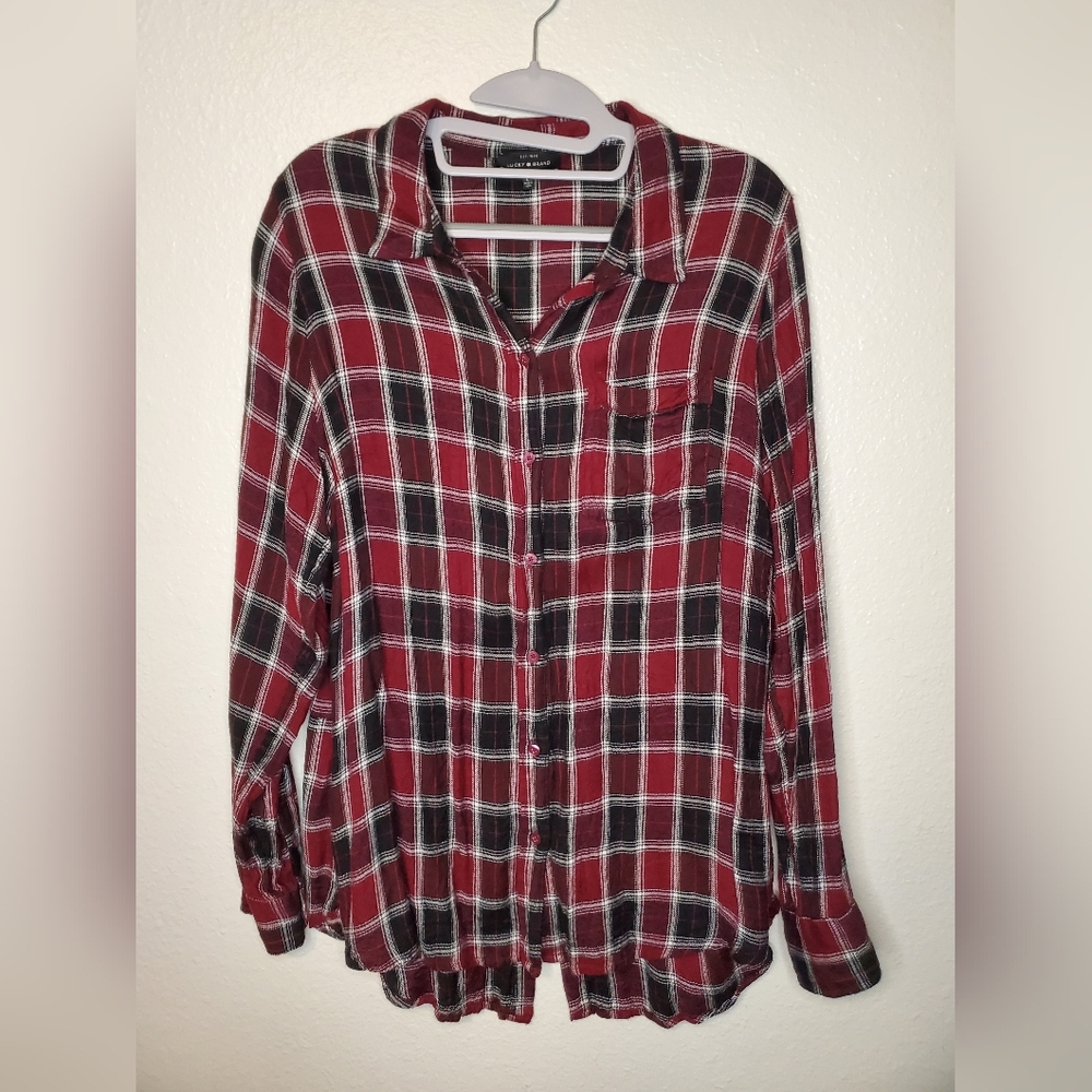 Lucky Brand Red and Black Plaid Button Down Shirt Size L
